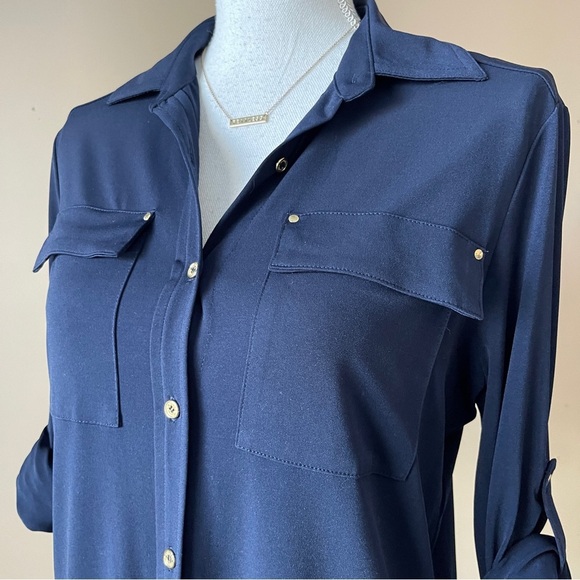 CALVIN KLEIN | Navy Blue Button Down Roll Tab Sleeve Dress Sz 6 - Picture 3 of 8